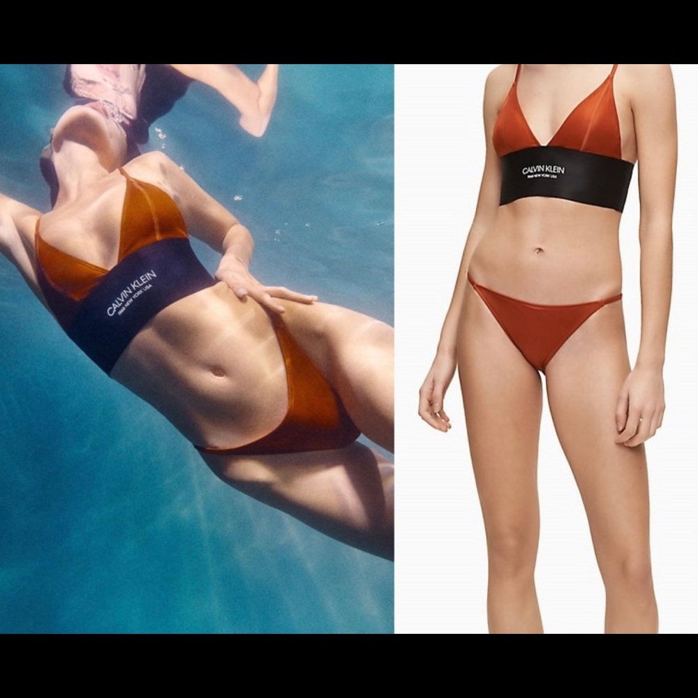 Bella Hadid - The Calvin Klein Plunge V-Neck One-Piece Bikini in Burnt Orange - Picture 2 of 3